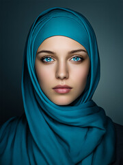 Naklejka premium Portrait of Modesty: A captivating portrait showcases a woman with striking blue eyes, she is draped in a vibrant teal hijab, embodying grace and cultural identity.