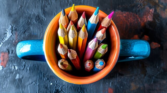 Overhead view of many vibrant, sharpened coloring pencils organized inside a striking orange and blue ceramic mug
