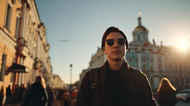 A young man stands in a busy street, surrounded by people, while sunlight casts warm tones across the scene. The young man wears a dark coat, highlighting the vibrant buildings beh