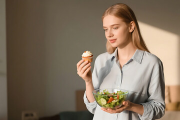 Woman choosing between a cupcake and a fresh salad