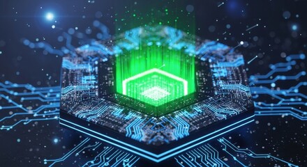 Modern technology design featuring a glowing green processor surrounded by blue circuit patterns in a dark digital setting