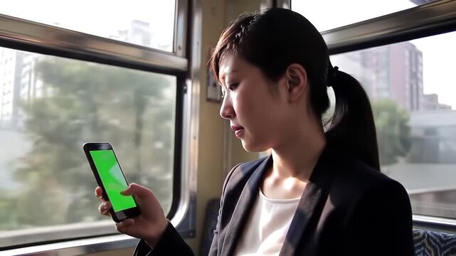 Young Asian business woman commuting on a train focused on her smartphone with a green screen representing modern mobile technology and connectivity during travel.