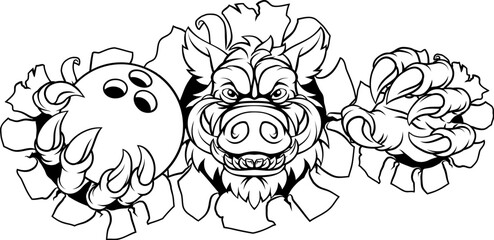 Obraz premium A wild boar, hog razorback warthog pig mean tough cartoon sports mascot holding a bowling ball