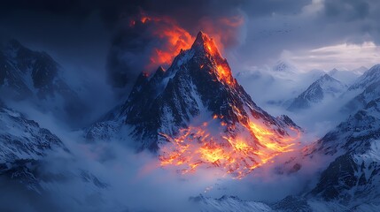 Erupting volcano lighting frozen mountain valley high resolution picture