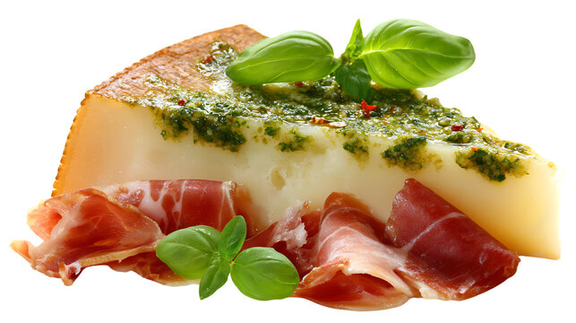 Slice of cheese with prosciutto and basil isolated on transparent background
