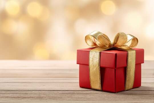 Brightly illuminated red presentation box wrapped with a shimmering gold ribbon sits on a wooden surface