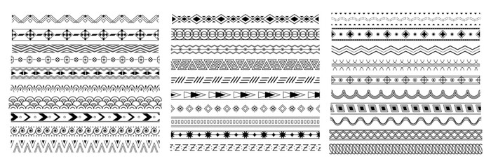 Collection of black geometric tribal borders and decorative lines, hand-drawn style on white background. Concept of ethnic or ornamental design. Vector illustration