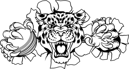 A jaguar, panther, leopard or cheetah wildcat spotted cat cricket sports team mascot holding a ball