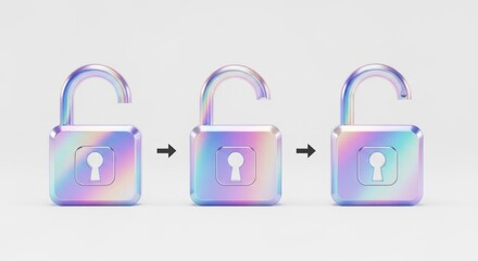 Colorful padlocks in various stages of unlocking, showcasing a modern design concept related to security and access control