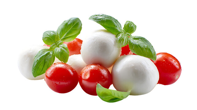 Fresh mozzarella balls with cherry tomatoes and basil isolated on transparent background - Powered by Adobe