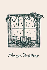Christmas greeting card. Hand-drawn sketch illustration of a window decorated with Christmas decorations, candles, and jingle bells. Vector line art drawing, isolated