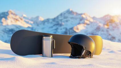 Snowboard, helmet and metal thermos resting on fresh snow with blurred mountain peaks and warm sunset light creating a calm winter sport and adventure atmosphere