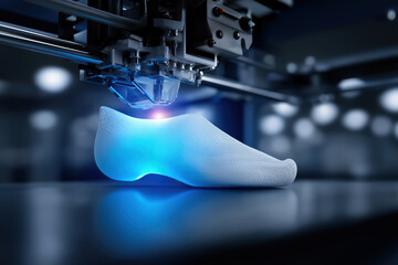 3D printer creating a shoe prototype in a modern workshop