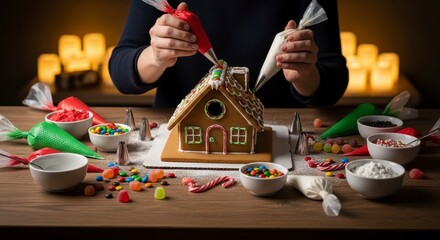 Fototapeta premium Decorating Gingerbread House for Christmas Holiday.