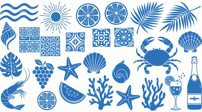 Blue summer themed icon set isolated on white background, featuring beach, sea, and vacation motifs for travel and holiday projects and designs, vector illustration