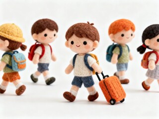 Cute felt dolls of children preparing for travel