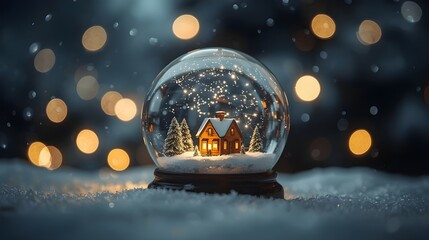 Magical Christmas Snow Globe on Snowy Surface with Illuminated House