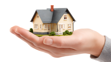 Hand holding a miniature house with gray roof isolated on transparent background