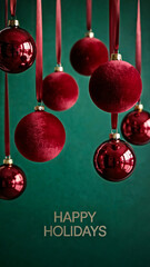  "Happy Holidays" golden metallic text and hanging elegant red Christmas baubles on dark green background.