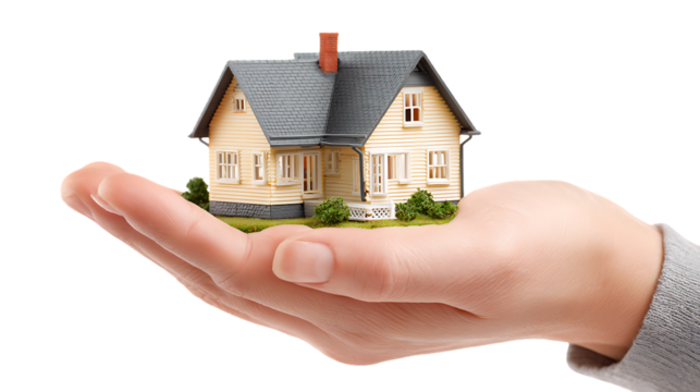 Hand holding a miniature house with gray roof isolated on transparent background
