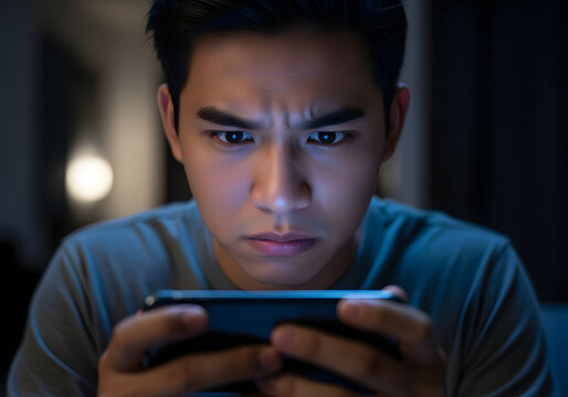 Young asian man frowning while reading shocking news on his smartphone at night