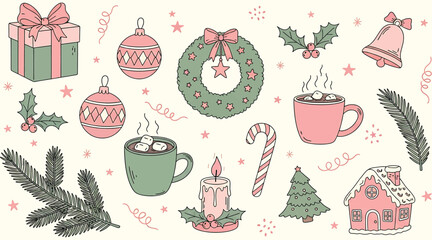 Charming christmas doodles isolated on white background a cozy collection of holiday icons, including gifts, ornaments, wreaths, hot cocoa, and festive treats