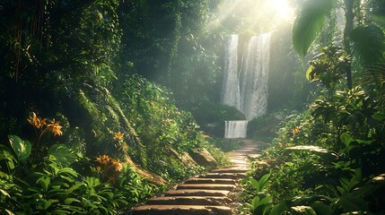 Jungle waterfall path glowing sunlight high resolution picture