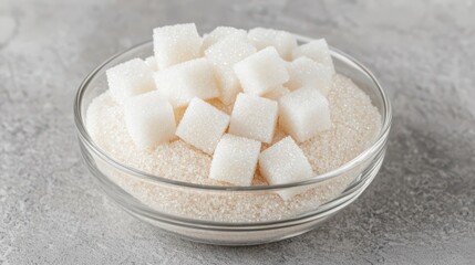 A clear glass bowl filled with granulated sugar and sugar cubes, set against a neutral background, highlighting the texture and color of the sugar.