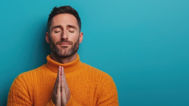 A man in a bright orange sweater poses with his hands together, eyes closed, against a vibrant blue background, conveying a sense of calm and contemplation.