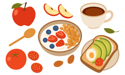 Healthy Breakfast Flat Design Vector with Avocado Toast and Yogurt Bowl