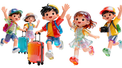 [Transparent Background PNG]Happy children with suitcases enjoying travel time