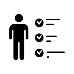 Man_Checklist_Completed_Icon Vector icon illustration showing a silhouette of a man next to a checklist with three check marks (ticks) on text lines. This symbolizes task completion, achievement, veri