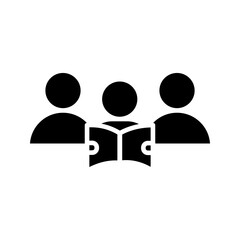 group_learning_icon  Black and white icon of three people with one holding an open book, symbolizing group learning, education, and training.