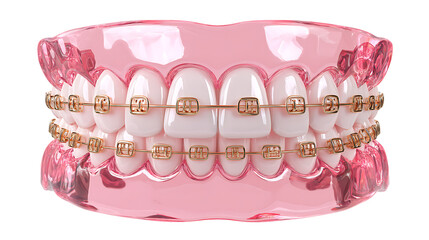 Pink dental braces on white teeth isolated on transparent background