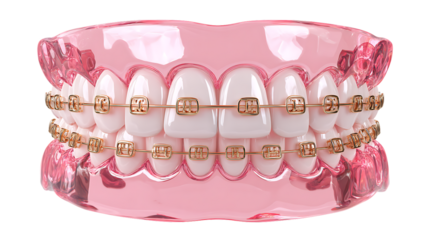Pink dental braces on white teeth isolated on transparent background