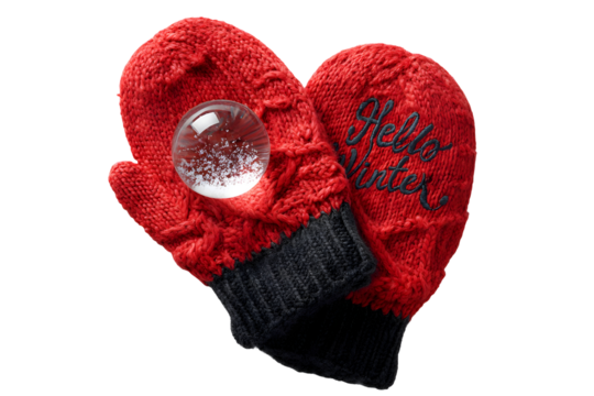 Red knit mittens with snow globe and hello winter embroidery on black background