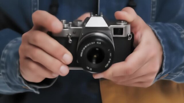 Close Up On Person's Hands Holding A Vintage Camera With Silver Accents And Black Body Detailed Bokeh Background