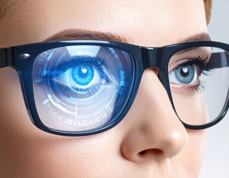 Close up of a womans eye with futuristic digital interface overlay - Powered by Adobe