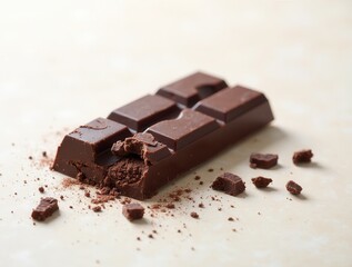Delicious dark chocolate bar with crumbs and cocoa powder