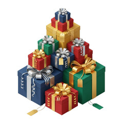 Obraz premium Pile of colorful christmas presents gifts with ribbons and bows for holiday celebration and giving on transparent background