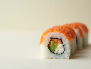 Philadelphia uramaki sushi rolls with salmon, avocado and cream cheese on white background