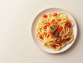 Spaghetti with tomato sauce and basil resting on a white plate