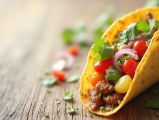 Mexican taco with meat, vegetables and herbs lying on wooden table