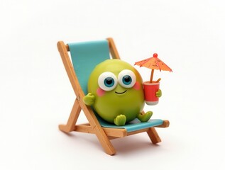 Cute cartoon character relaxing on deck chair enjoying summer vacation