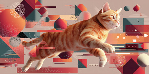 Orange cat leaping through a colorful abstract geometric background in digital art style