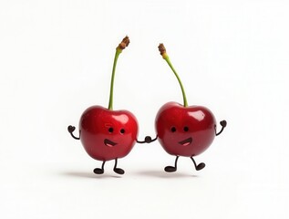 Two smiling cherries holding hands and jumping on white background