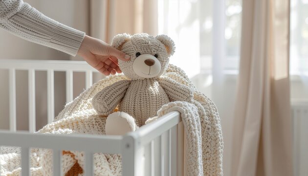 A gentle hand carefully places a soft teddy bear in a white baby crib, preparing a cozy and loving nursery for a newborn's arrival - Powered by Adobe