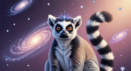 Obraz premium Lemur with a crown in a cosmic setting surrounded by galaxies and stars