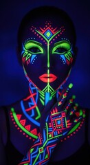 Brightly colored tribal face and body art radiates under UV light in a dark environment