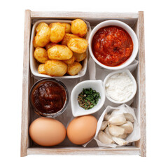  patatas bravas, original Spanish food, served in a beautiful serving box along with several other ingredients [Transparent Background PNG].